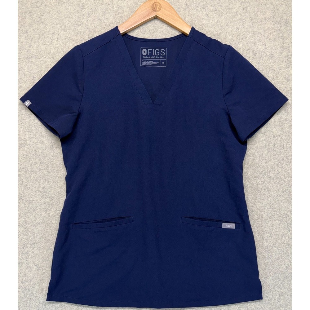 Figs Technical Collection Unisex Scrub Top Navy Blue Signature Logo Pocket XS